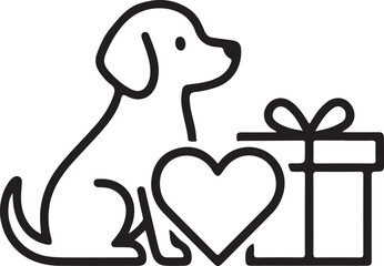 Cute dog with heart and gift box icon, symbolizing pet love, animal adoption, or special occasion presents and friendship