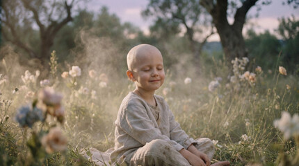 Serene bald child with eyes closed, sick but peaceful, ethereal dreamy atmosphere, emotional cinematic portrait, soft lighting, vulnerability, innocence, hope, tender, intimate