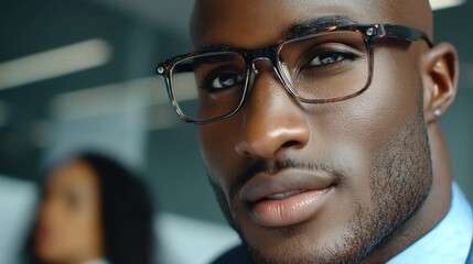 A handsome African American man wearing glasses and a light blue shirt looks directly at the viewer