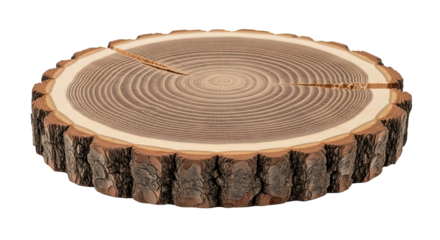 Rustic wood slice displaying natural tree rings and bark texture ideal for crafts decor or naturethemed projects and educational resources on transparent background