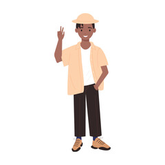 A fashionable young man wearing a stylish hat and making a peace sign, radiating a wonderfully positive vibe