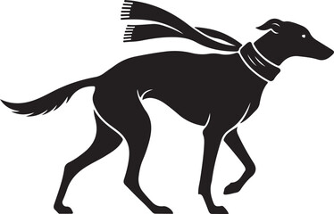 Elegant Black Greyhound or Whippet Dog Silhouette with Scarf, Graphic Illustration of a Running Sighthound Pet