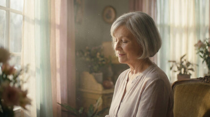 Serene elderly woman with closed eyes, short bob haircut, ethereal dreamy atmosphere, cinematic portrait, soft lighting,