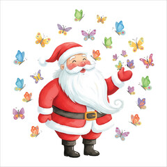 Santa Claus surrounded by colorful butterflies in a gentle Christmas moment, watercolor illustration isolated on white background
