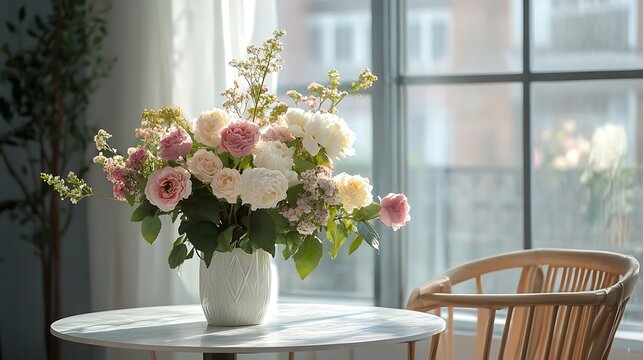 Softly lit floral arrangement adorns a table near a wicker chair by a sunlit window