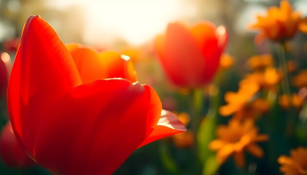 vibrant red tulips in garden with sunlight