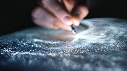 Close up of a hand holding a fountain pen creating abstract light trails and bokeh effects - Powered by Adobe