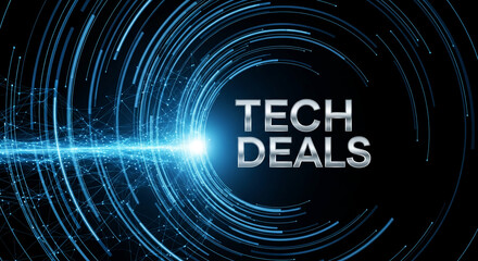 Image of blue neon arcs and network with the text "Tech Deals", showcasing technology promotions and digital offers in futuristic style