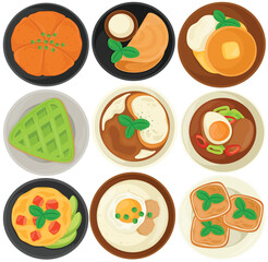 Vector Breakfast Top View Clip Art Set Food Bun Omelet Pancakes Waffle Soup Ramen Noodle Congee Porridge Toast Scrambled Egg Illustration Cafe Menu Meal Flatlay Isolated on White Background