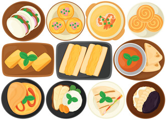 Vector Breakfast Top View Clip Art Set Food Bao Bun Egg Tart Tamagoyaki Sandwich Curry Crepe Grilled Fish Wrap Quesadilla Dessert Illustration Cafe Menu Meal Flatlay Isolated on White Background