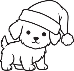  Adorable Dog or Pet in Christmas Santa Hat Outline Illustration, Cute Puppy with Festive Cap Line Drawing