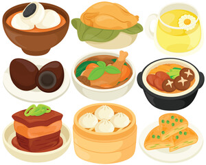 Vector Chinese Food Clip Art Set Cuisine Tangyuan Chicken Bun Tea Century Egg Braised Chicken Mushroom Stew Dongpo Pork Belly Xiaolongbao Dumpling Scallion Pancake Illustration Restaurant Menu