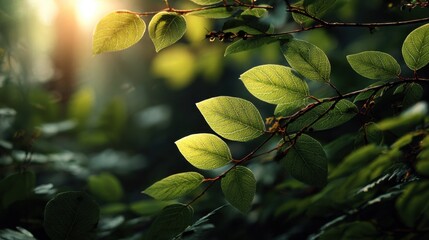 Green leaves grow on branches in a forest with sunlight promoting earth day and sustainability
