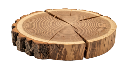 Wood slice displays growth rings and natural texture ideal for rustic decor and woodworking projects with its unique organic pattern on transparent background