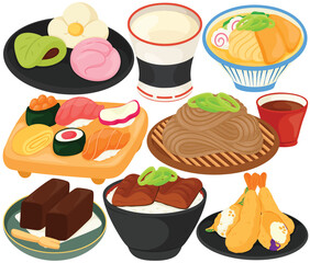 Vector Japanese Food Clip Art Set Wagashi Mochi Udon Sushi Soba Noodle Yokan Unadon Eel Bowl Tempura Shrimp Illustration Restaurant Menu Asian Cuisine Meal Dish