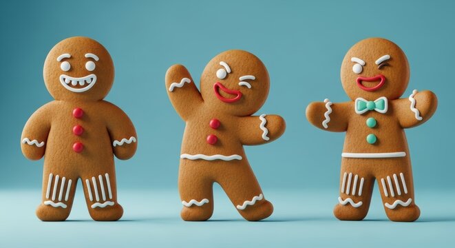 A central gingerbread man winks and waves, flanked by two companions with unique poses and decorations.