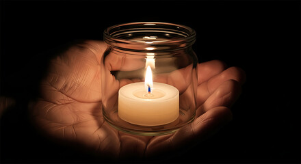 Hand holding a small candle burning inside a glass jar