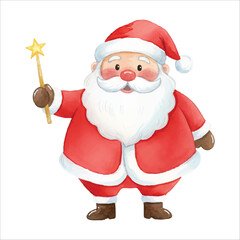 Santa Claus holding a glowing magic wand in a whimsical Christmas scene, watercolor illustration isolated on white background
