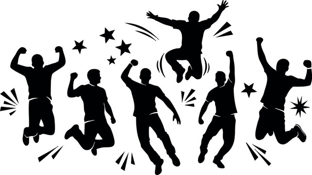 Group of people jumping silhouettes happy celebration energy excitement dynamic movement black vector illustration
