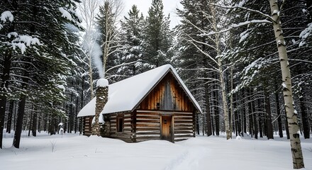 Snow covered cabin in winter forest with smoke wilderness landscape