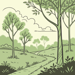 A winding path leads through a gentle green landscape with tall trees