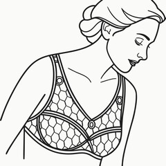 Line art illustration of a woman wearing a detailed honeycomb pattern bra