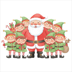 Santa Claus surrounded by cheerful elf friends in a festive Christmas moment, watercolor illustration isolated on white background
