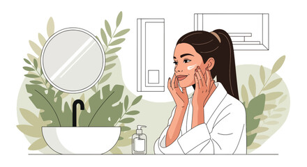 Modern vector woman applying moisturizer with soft botanical shapes. Ideal for skincare blogs, beauty tutorials, product ads, wellness apps, and self-care illustration sets