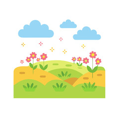 Fototapeta premium Simple flat design illustration of a sunny spring landscape with flowers and clouds