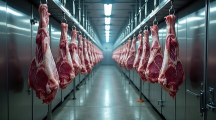 Planta industrial de carne con múltiples carcasas de res colgadas en cámaras frigoríficas