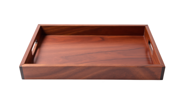 Elegant wooden serving tray with smooth finish and cut out handles, perfect for home decor and entertaining