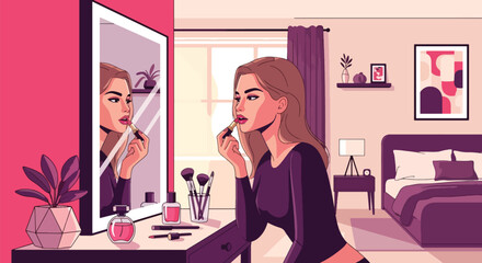 Modern vector woman applying lipstick before a mirror with clean geometric décor. Ideal for beauty ads, makeup tutorials, cosmetic branding, and feminine lifestyle visuals