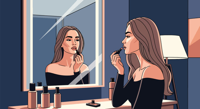 Modern vector woman applying lipstick before a mirror with clean geometric décor. Ideal for beauty ads, makeup tutorials, cosmetic branding, and feminine lifestyle visuals