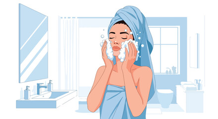 Vector woman washing face with bubbles and fresh blue bathroom shapes. Ideal for skincare tutorials, cleansing product ads, wellness apps, and hygiene visuals