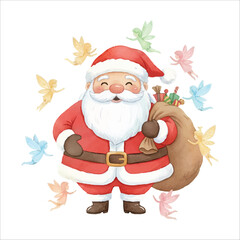 Santa Claus flying through the sky with fairies in a Christmas fantasy, watercolor illustration isolated on white background
