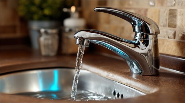 Clean, clear water is running from a chrome faucet into a metal sink. The countertop and backsplash provide a warm, domestic setting