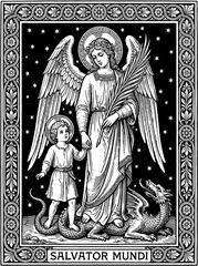 Fototapeta premium Angel and Child Religious Engraving with Dragon Holy Figure Ornate Border Black and White Sacred Line Art Illustration