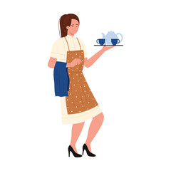 Waitress carrying tray with teapot and cups, girl with apron and towel vector illustration