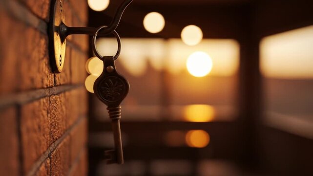 Vintage Key Hanging on Brick Wall with Blurred Sunset Background, Represents Unlock Potentials