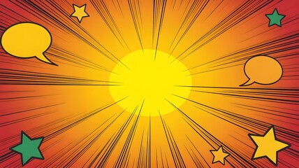 Explosion of light and color with comic book style speech bubbles and stars