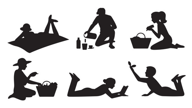 Set of picnic silhouettes people enjoying outdoor activities vector illustration isolated on white background