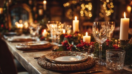 An Elegant Dining Table Set for a Festive Celebration with Candles, Glassware, and Holiday Decor in a Warmly Lit Atmosphere