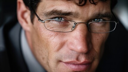 Close-up shows a light-skinned man with glasses staring directly at the camera. He has short brown hair and wears a suit and tie
