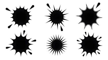 Collection of six black ink splatter and splash shapes on white background