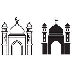 Islamic Mosque Building Icons with Crescent Moon and Minarets