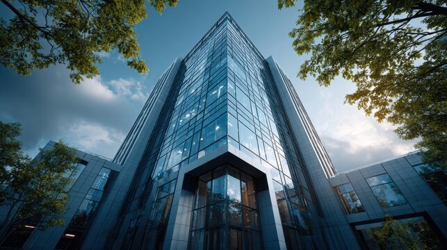 Modern business building exterior with glass windows and architectural lighting during early evening