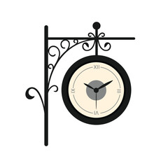 Outdoor vintage hanging clock on metal pin with round dial, hands and Roman numerals vector illustration