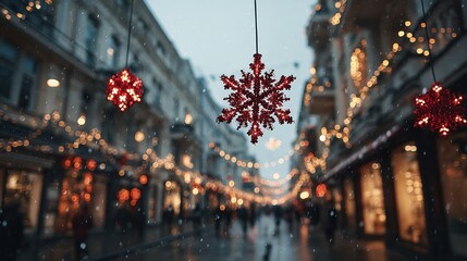 A close-up of a red snowflake ornament hanging in the foreground, with a snowy street scene behind featuring building windows emitting warm yellow light and blurred golden string lights