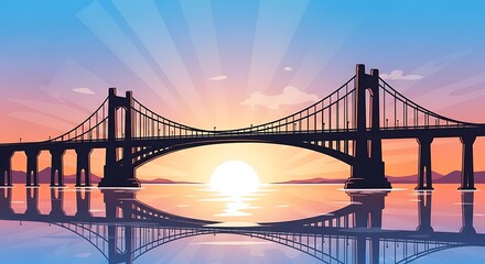 Suspension Bridge Silhouette Reflecting on Water at Sunset with Sun Rays