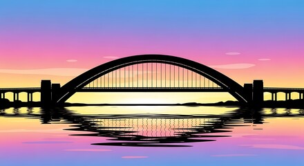 Naklejka premium Bridge Silhouette at Sunset Reflected in Water with Gradient Sky Design